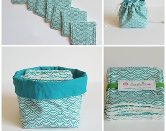 Lingettes & Pochon vagues turquoise - lavables