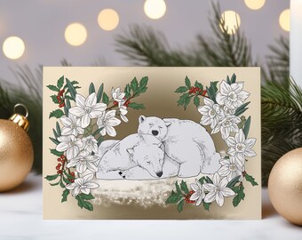 Floral Winter Greeting Card, Polar Bear with Narcissus and Holly