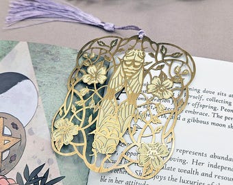 Art Nouveau Brass Bookmark: Cicada & Rose Floral Design