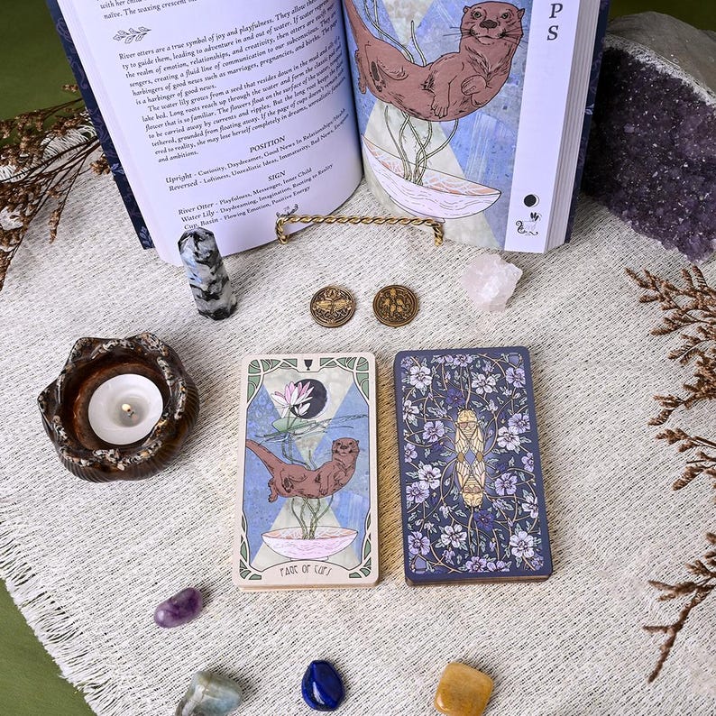 May include: An open book with an otter illustration, a tarot card with an otter illustration, and a deck of tarot cards with a floral design. Also, a candle holder, crystals, and coins are visible.
