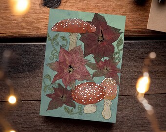 Agaric Mushroom and Poinsettia Holiday Greeting Card - Winter Solstice Card