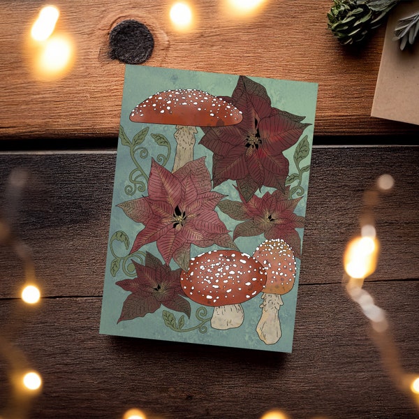 Agaric Mushroom and Poinsettia Holiday Greeting Card - Winter Solstice Card