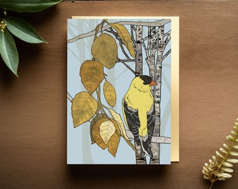 Goldfinch and Birch Tree Printed Postcard Illustration
