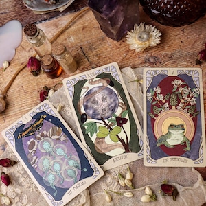 May include: Three tarot cards with detailed illustrations of a butterfly, a skull, and a frog. The cards are on a wooden surface with dried flowers, crystals, and small glass bottles. The cards are labelled "The Magician", "XXIII", and "The Hierophant".