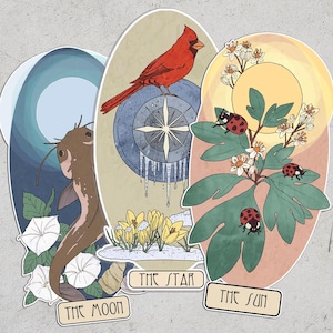 May include: Three illustrated tarot cards with oval shapes. The Moon card features a catfish swimming in a blue moonlit sky with white flowers. The Star card features a red cardinal perched on a blue star with icicles and yellow crocuses. The Sun card features a yellow sun with a green plant with white flowers and red ladybugs.