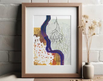 Agate River Art Print | Abstract Nature Collage, Botanical Contemporary Artwork