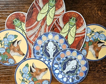 Art Nouveau Vinyl Stickers: Fox, Cicada, Mandala Nature Stickers