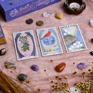 May include: Three tarot cards with detailed illustrations are arranged on a pink cloth, with crystals, coins, and a lit candle. The cards depict a dragonfly, a cardinal, and cups. A purple box with the word "TAROT" is visible.