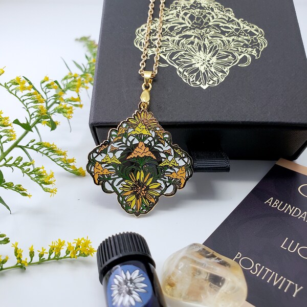 Good Luck Prosperity Talisman, Goldenrod Flower Necklace, Gold Plated Pendant, Hard Enamel Necklace, Intention Jewelry, Mandala Necklace