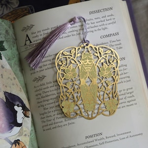 Art Nouveau Brass Bookmark: Cicada & Rose Floral Design