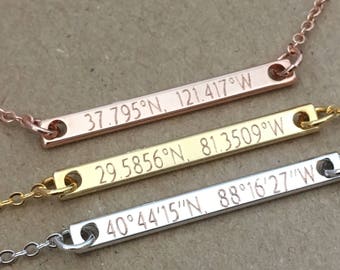 Coordinates Necklace, Custom Bar Necklace, Latitude Longitude, Location Necklace, Silver Rose Gold Necklace Personalized, Coordinate Jewelry