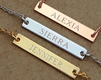 Engraved Bar Necklace, Personalized Name Necklace, Name Plate Necklace, Custom Bar Necklace, Rose Gold Silver Bar Necklace, Gift for Her