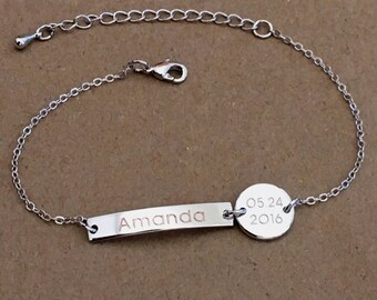 Silver Name Bracelet with Initial Disc, Custom Name Bracelet, Personalized Bar Bracelet, Initial Disc Bracelet, Bridesmaid Gift