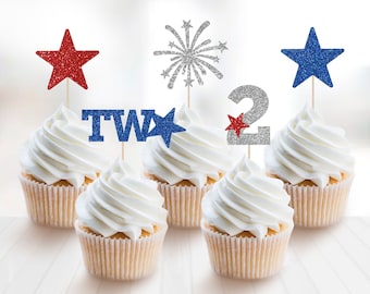 4th of July Glitter Cupcake Toppers, Red White and Blue