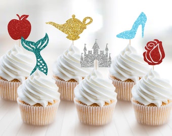 Princess Glitter Cupcake Toppers, Castle, Slipper, Rose, Mermaid