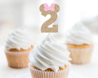 Gold Glitter Two Mouse Cupcake Topper, 2nd Birthday