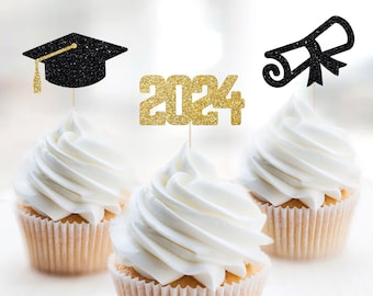 12 Graduation Cupcake Topper Set, Class of 2024 Cupcake Toppers, Diploma Cupcake Toppers, Grad Cap Cupcake Toppers, Graduation Decorations