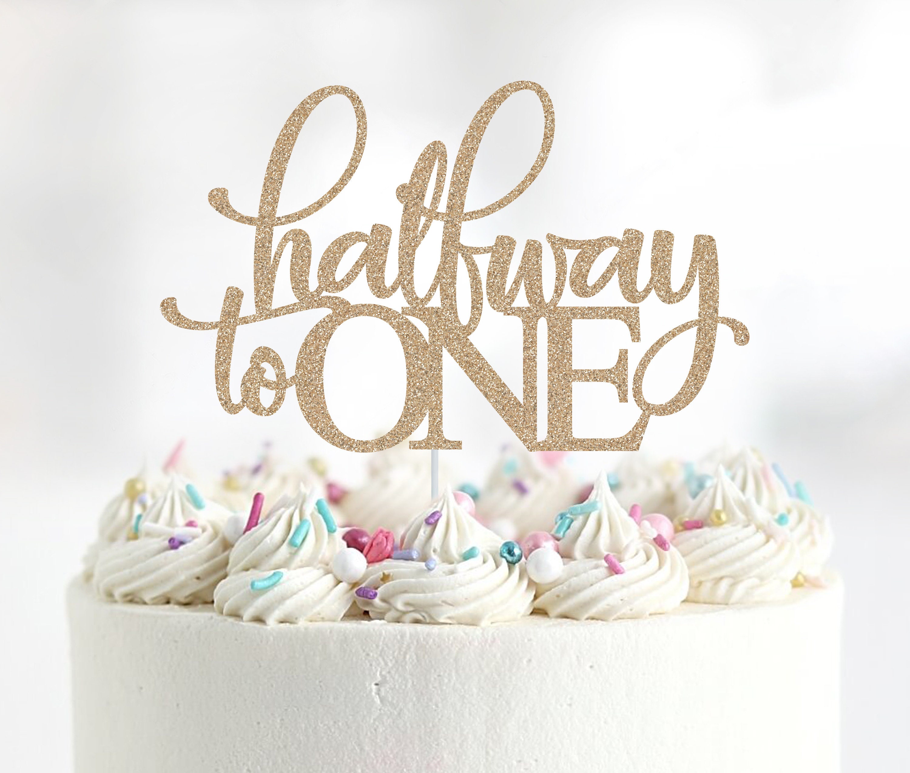 Half Birthday Cake Topper - Happy 6 Months Half Way To One Baby Celebration Decor (Blue Glitter)
