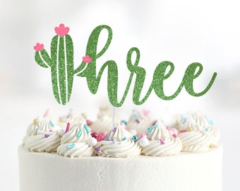 Three Fiesta Cake Topper, Cactus 3rd Birthday, Glitter Cardstock
