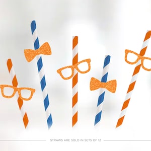 12 Striped Blue and Orange Straws Toppers, Glasses and Bowtie Straws, Nerd Decorations, 2nd Birthday Decorations, Boys Birthday Theme Ideas
