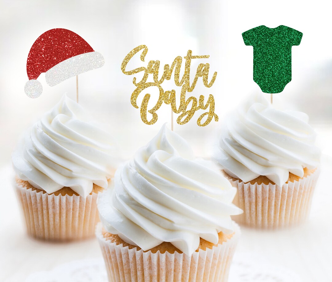 Christmas Baby Shower Cupcake Topper Set, Gender Reveal Cupcake Toppers