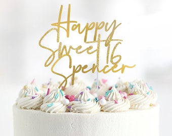 Custom Sweet Sixteen Cake Topper, Glitter Birthday Party Decor