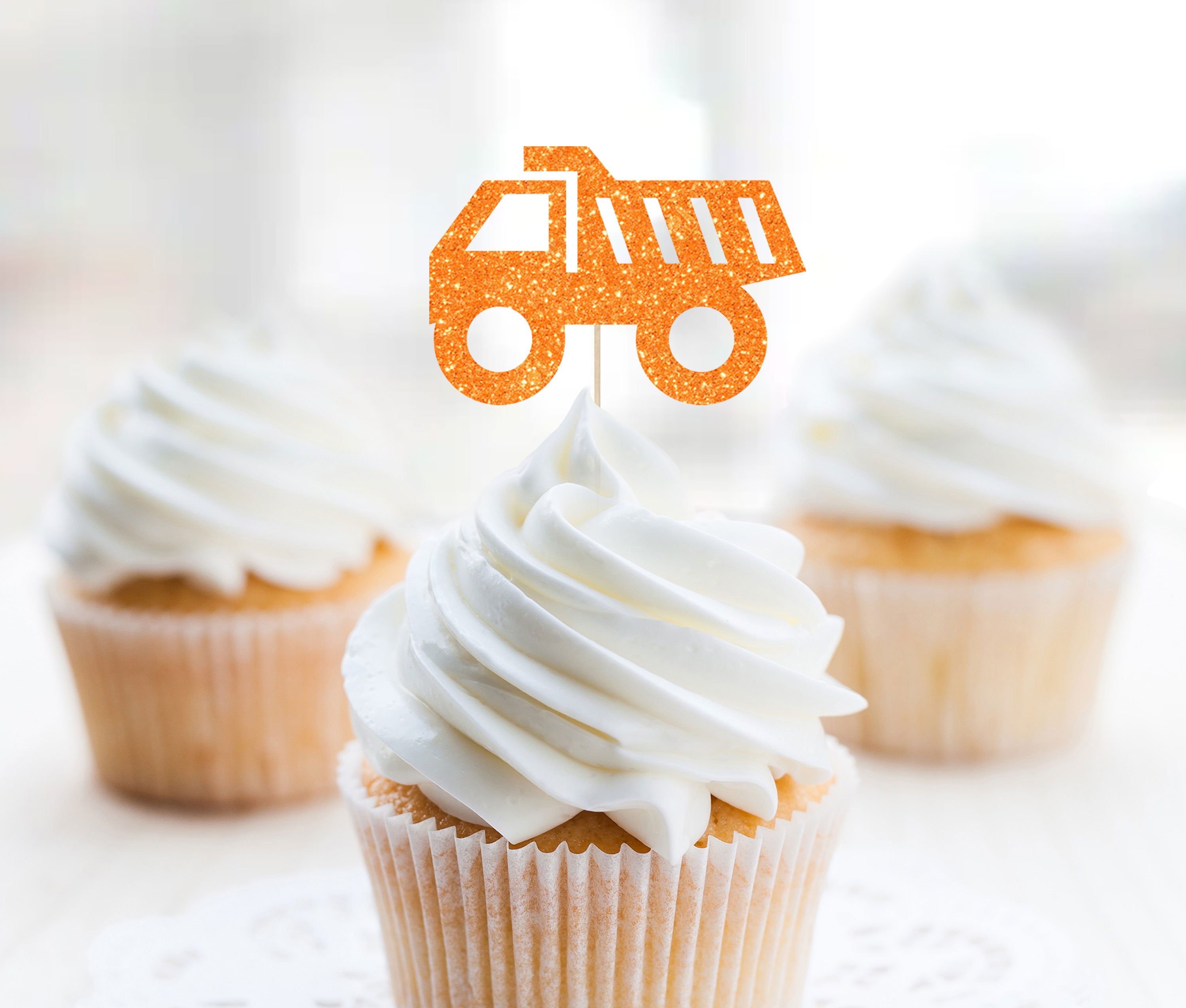 24 PCS Construction Theme Cupcake Toppers - Glitter Truck, Excavator, Tractor For Baby Shower & Birthday