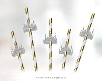 Castle Paper Straws, Glitter Princess Party Decor (Set of 12)