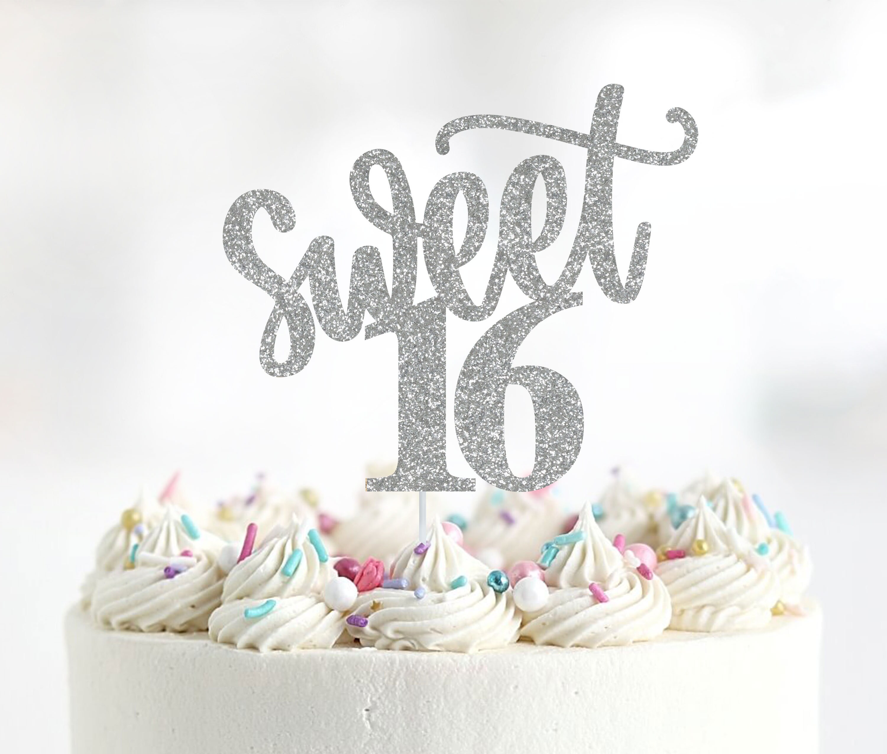 Sweet 16 Silver Glitzer Kuchen-Topper – Doppelseitig Glitzernd, Mit Acrylstab, Made In USA | Perfekt Für Den 16. Geburtstag