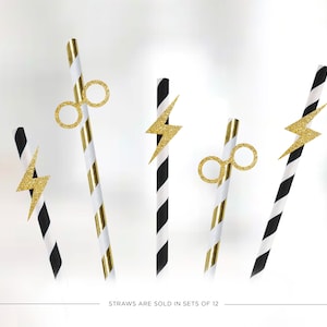 May include: Five black and white striped paper straws with gold glitter accents. The straws feature lightning bolt and glasses designs. "Straws are sold in sets of 12" is printed at the bottom of the image.