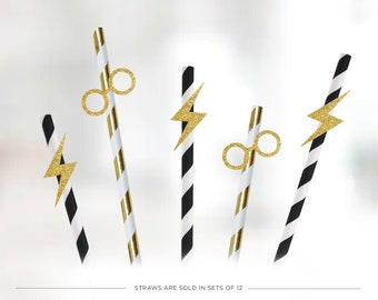 Wizard Birthday Straws, Gold Glitter Lightning Bolt, Glasses, Set of 12