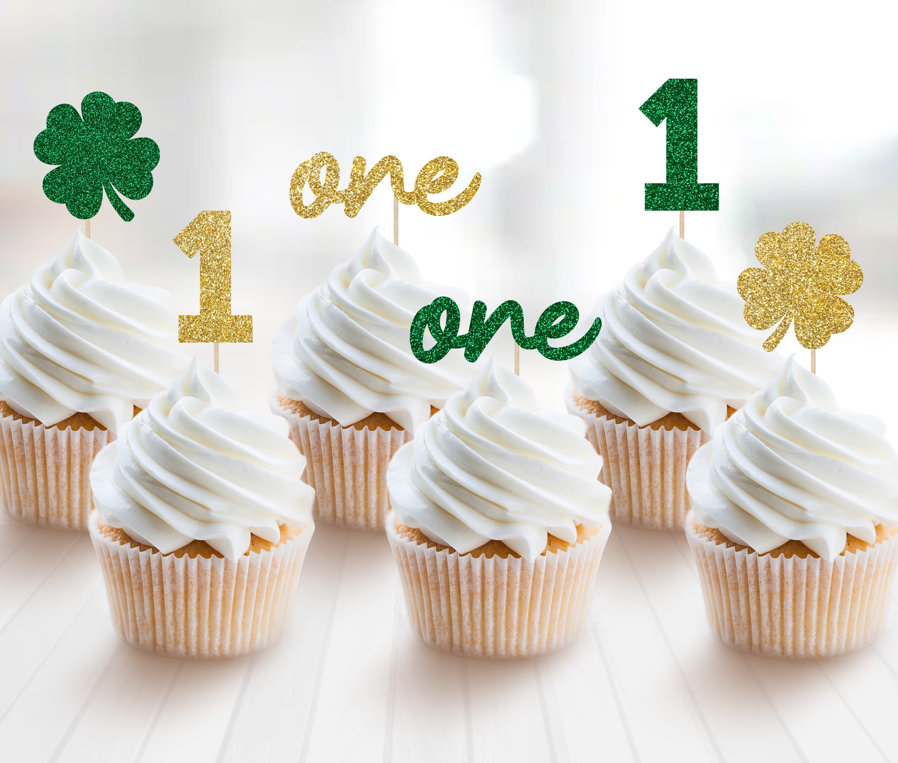24Pcs St Patricks Day Cupcake Toppers Rainbow Girl Lucky One First Birthday  4 Leaf Clover Decorations St Patricks Cupcake Toppers Pink Girl Lucky One