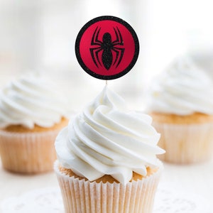 Spider Cupcake Topper, Superhero Cupcake Toppers, Boys Birthday Decor, Red and Black Party Decorations