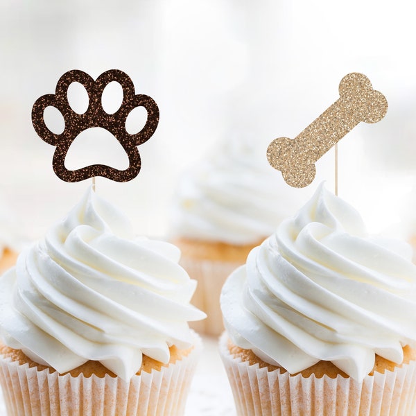 Dog Birthday Cupcake Toppers, Dogs First Birthday, Paw and Bone Cupcake Topper, Puppy Paw, Dog Bone Cake Topper, Animal Birthday