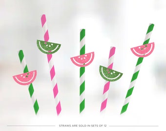 Watermelon Party Straws, Glitter Toppers, Set of 12