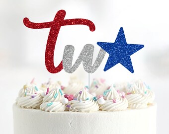 Red White & Two Glitter Cake Topper, 2nd Birthday, Patriotic