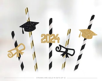 12 Graduation Straws, Graduation Paper Straws, Graduation Striped Straws, Class of 2024 Decorations, Diploma, Grad Cap, Grad Decorations