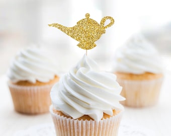 Genie Lamp Cupcake Topper, Gold Glitter Aladdin Party Decor