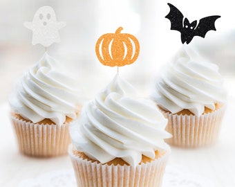 Halloween Cupcake Topper Set, Bat Cupcake Topper, Pumpkin Cupcake Topper, Ghost Cupcake, Halloween Birthday, Baby Shower, Gender Reveal