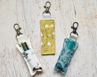 Floral lip balm holder keychain, Mountain lip balm holder, camping lip balm holder, key fob