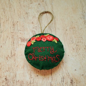 Floral Merry Christmas ornament, embroidered Christmas ornament, handmade felt ornament