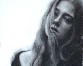 Original charcoal art "Ophelia", charcoal drawing, charcoal portrait