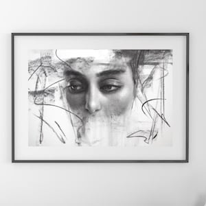 オリジナル ドローイング、オリジナルの木炭肖像画、木炭画、木炭アート、木炭スケッチ、女性の肖像画