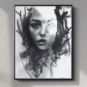 ORIGINAL DRAWING, Original charcoal portrait , charcoal drawing, charcoal art, Charcoal sketch, famale portrait