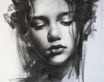 ORIGINELE TEKENING, expressief houtskoolportret – abstract realisme vrouwelijk gezicht tekening – originele kunst