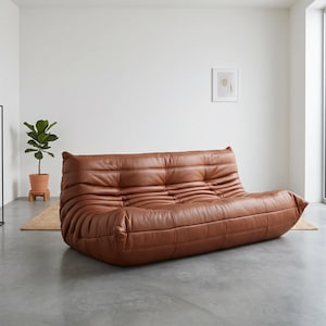 Brown Leather Tufted Floor Sofa: Mid-Century Modern Lounge Seating
