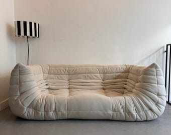 Authentic Cream Medium Togo Sofa by Michel Ducaroy for Ligne Roset  Vintage Postmodern Loveseat