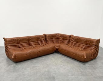 Vintage Ligne Roset Togo 3-Seater Sofa – brown Leather, Iconic French Design