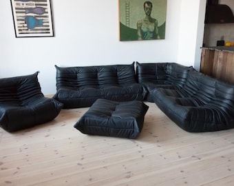 Zwarte leren Togo-bankset – Michel Ducaroy, Ligne Roset modulaire loungebank