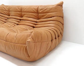 Mid-Century Modern Togo Style Camel Leather Floor Sofa – Tufted Lounge Seating